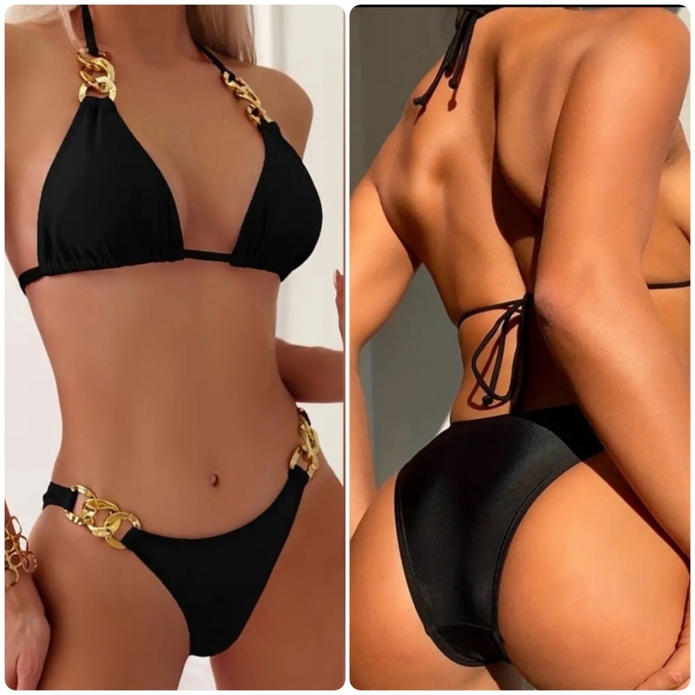 Black Chain Linked Halter Bikini Set